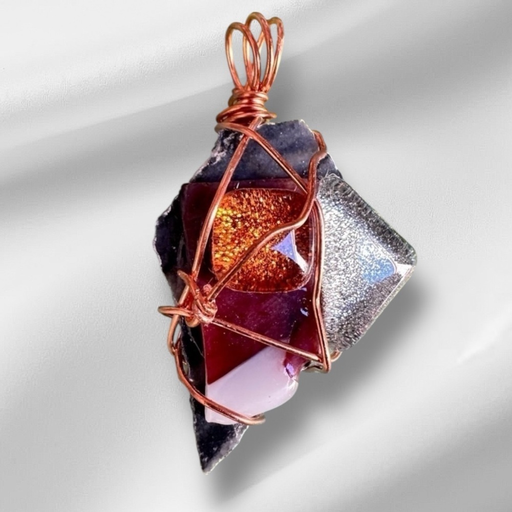 Artisan pendant necklace OOAK Handcrafted Wire-Wrapped Glass and Natural Stone
